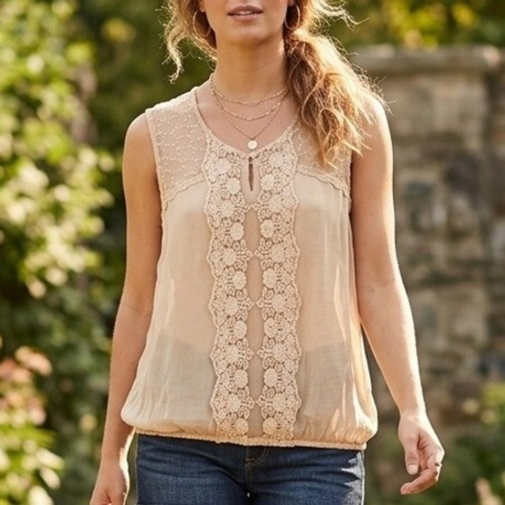 Bongo Y2K Embroidered Sheer Mesh Bubble Hem Blouse Nude Large Fairy Boho Chic